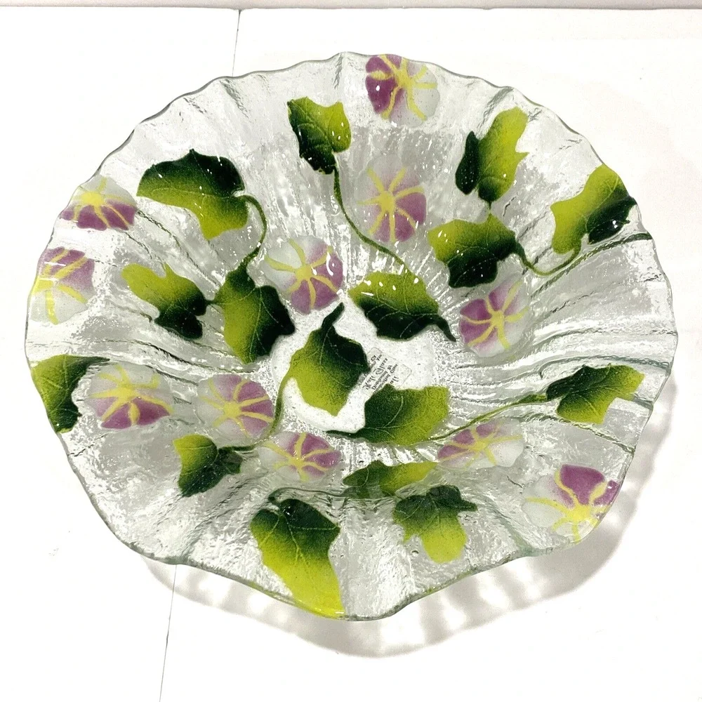 Kali Studio Fused Art Glass Pink & Green Floral Fruit Bowl Ruffle Edge Dish Bowl